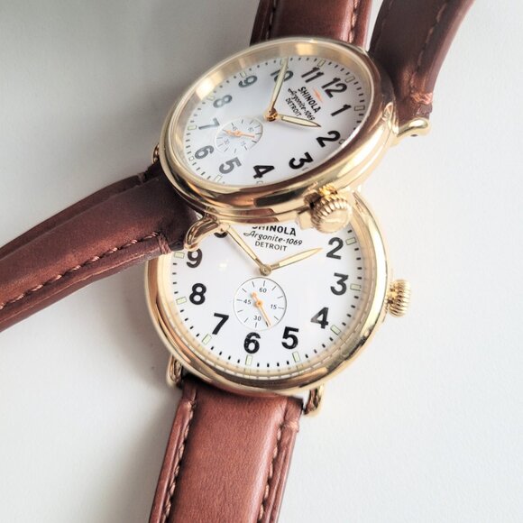 His Hers Watches 2 Runwell Gold 47mm 41mm Argonite 1069 Brown Leather Set New - Picture 2 of 16